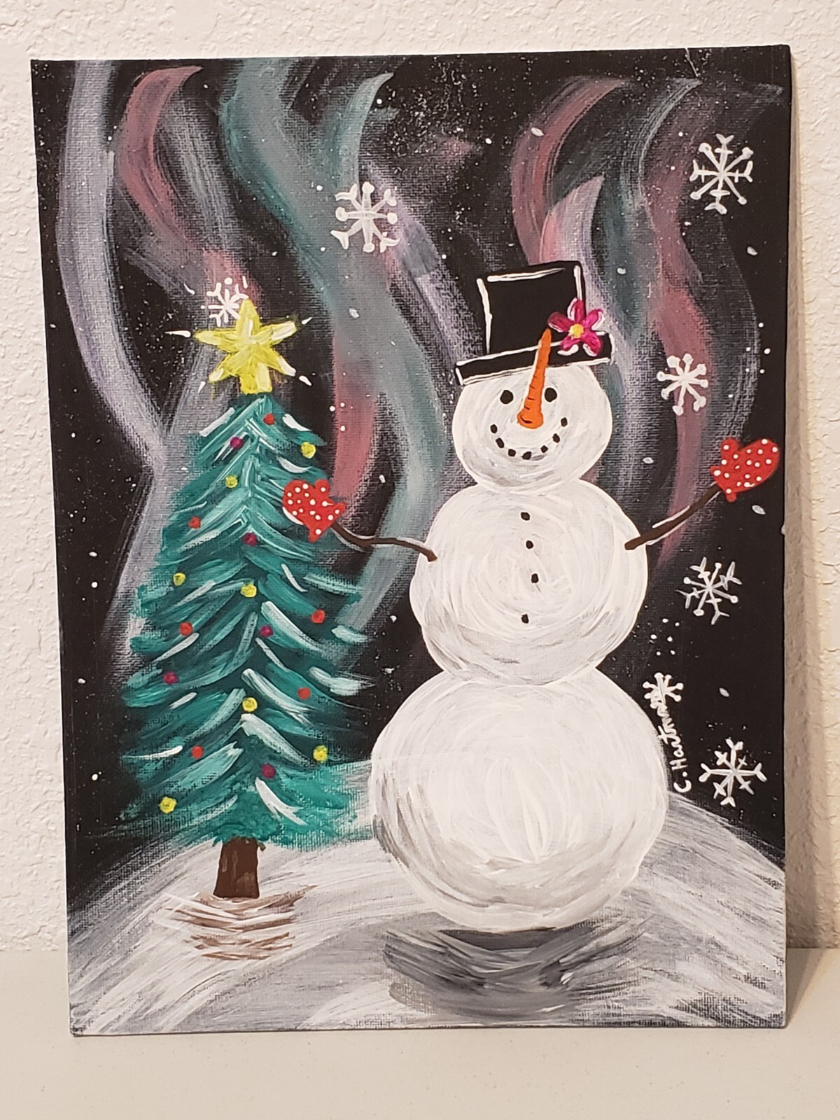 Wintery Snowman scene with a Christmas Tree under an Aurora Borealis an Original