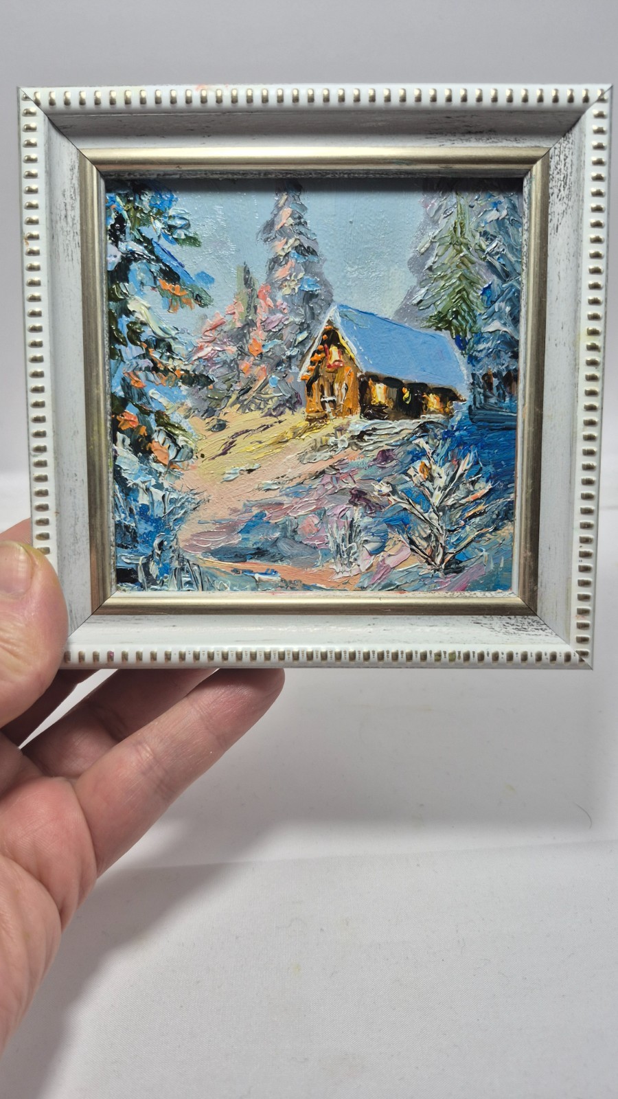 original oil painting in a frame. winter landscape cottage in the forest. 4х4