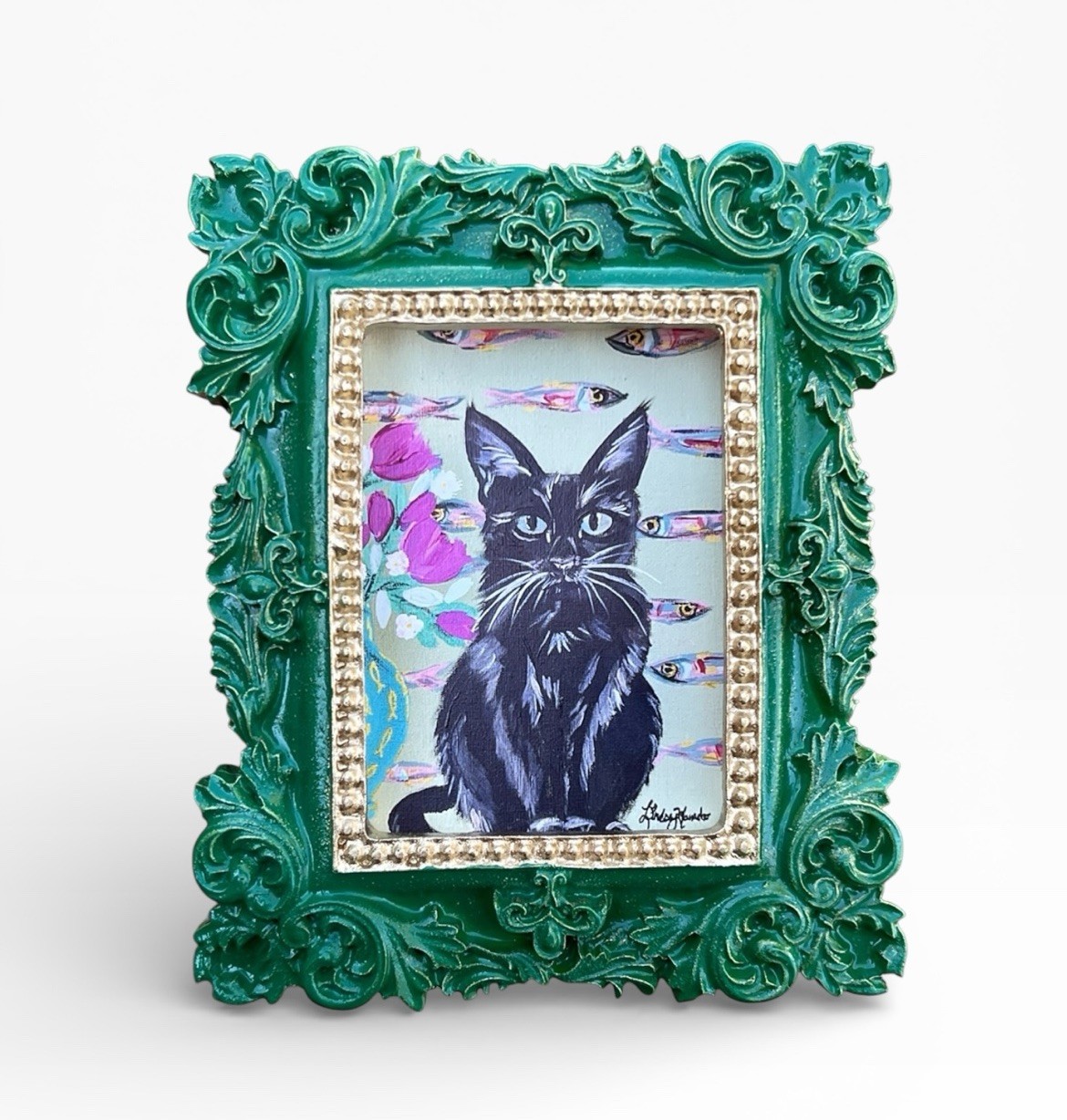 Cat 🐈‍⬛ & Fish 🐟 mini print of original painting • vintage ornate frame