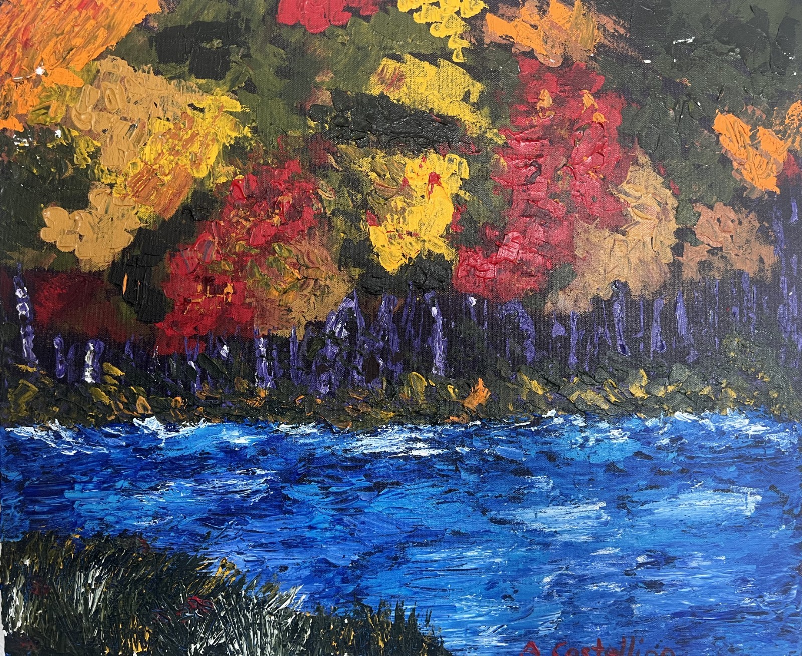 24 x 20 acrylic riverscape painting on canvas by A. Castellino, OOAK
