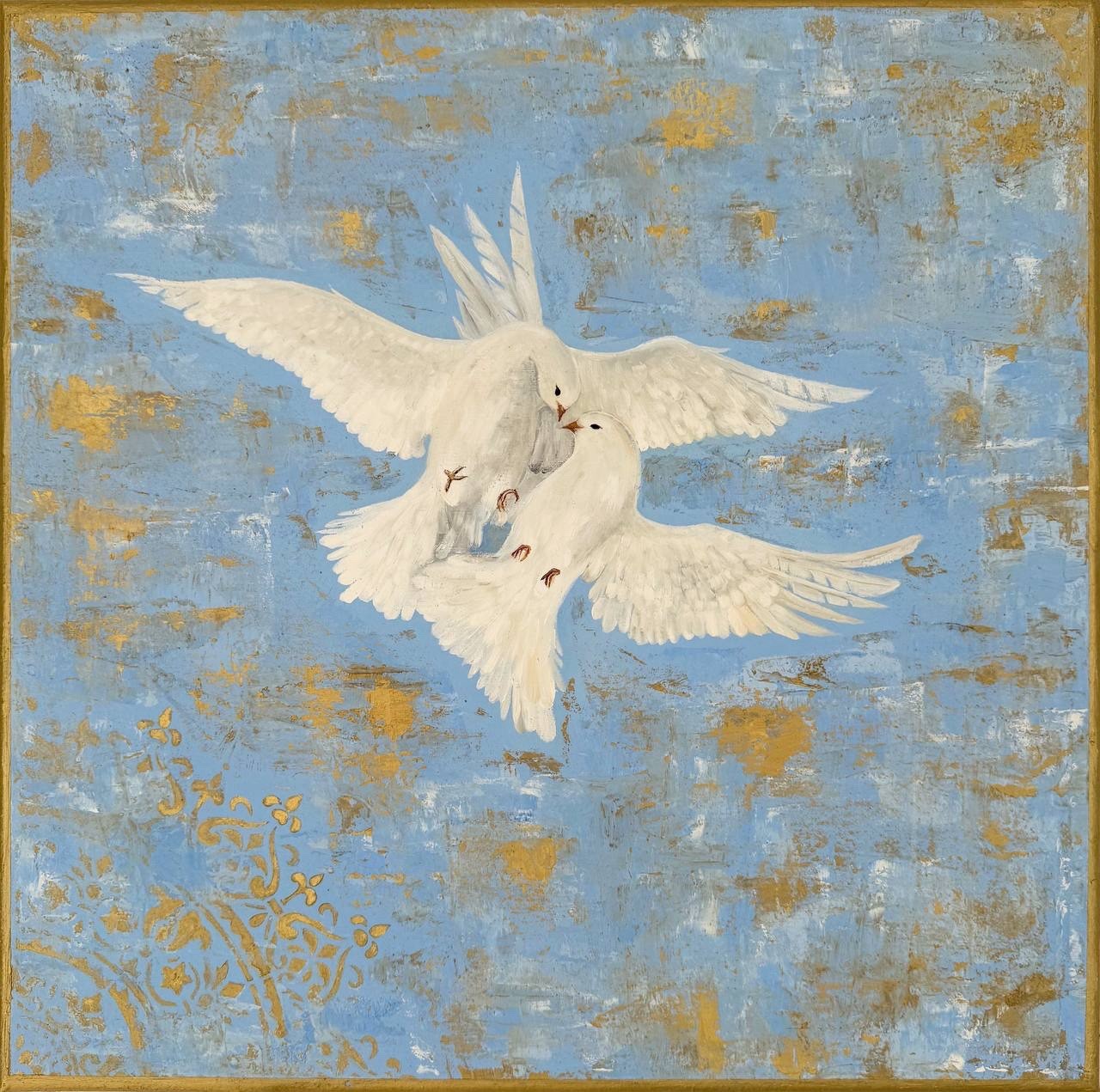 Contemporary Oil Painting of White Doves on Blue and Gold Canvas