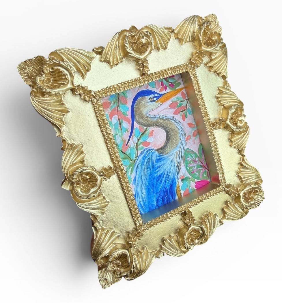 Blue Heron mini watercolor bird print of original painting, vintage ornate frame