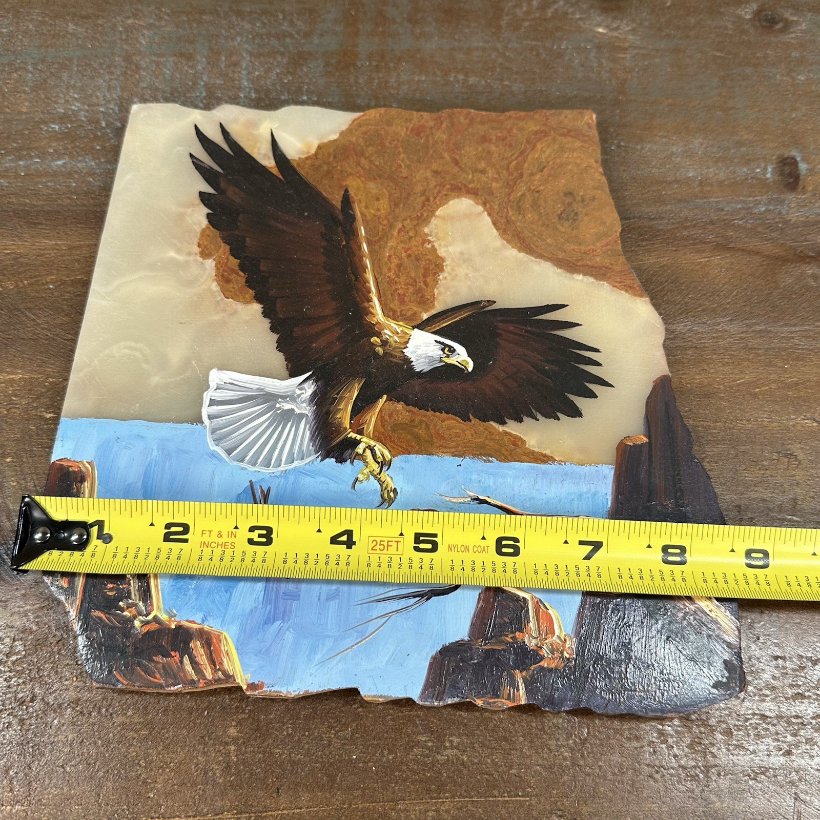 Flying Eagle Landing On Perch Painting On Stone Slab Native American Art Mexico