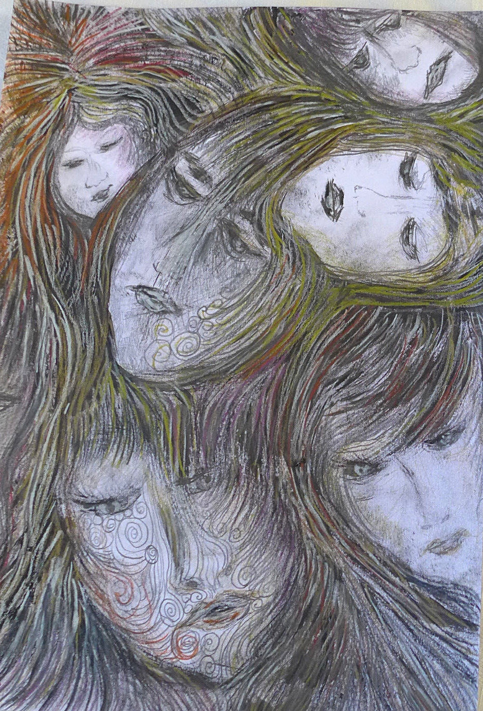 ORIGINAL FEMALE DRAWING 13 X 9 INCH BROWND BLACKS PENCILS BY RIVKA FILIIN