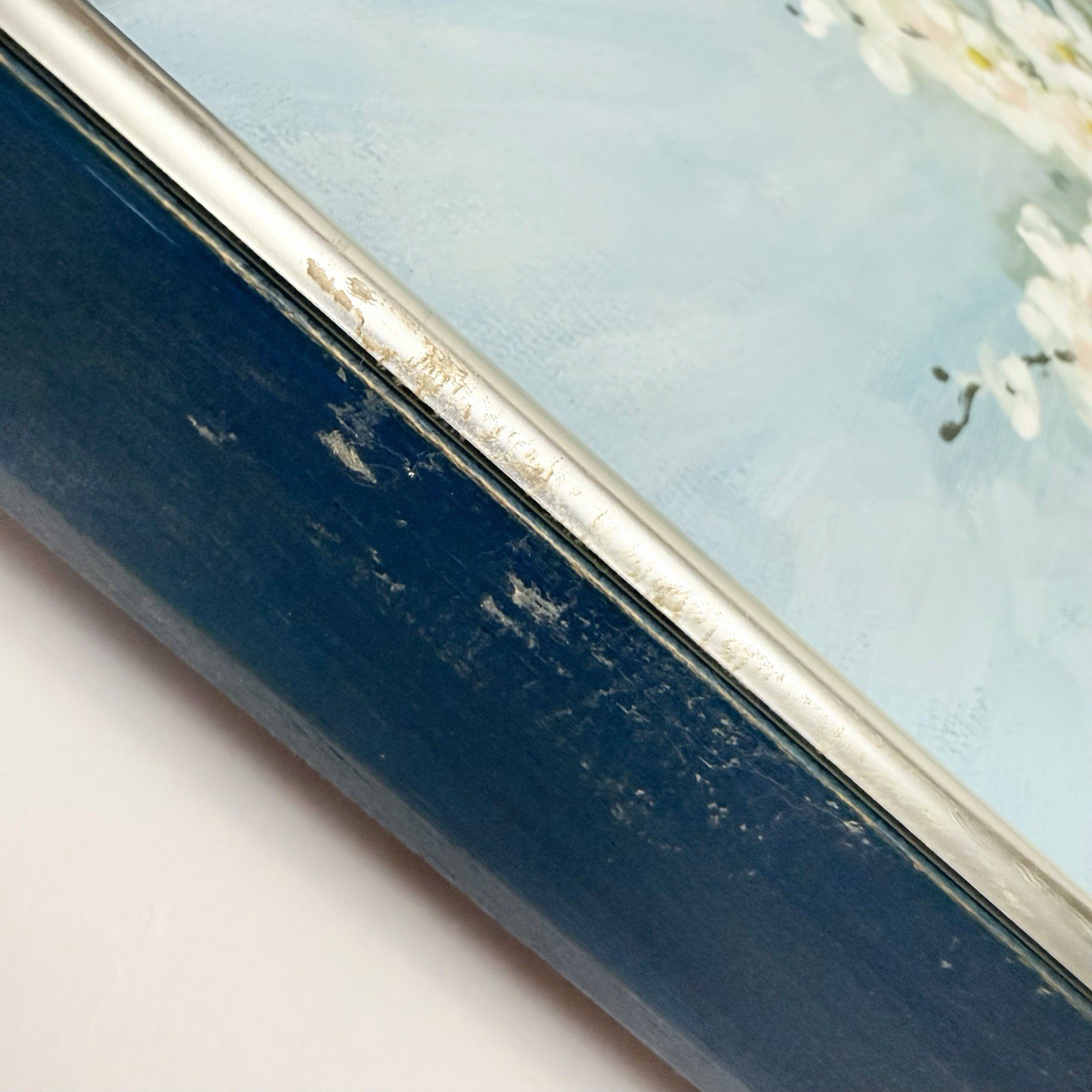 Vintage Original Signed Still Life Flowers in Vase Painting 16×20 Blue Framed