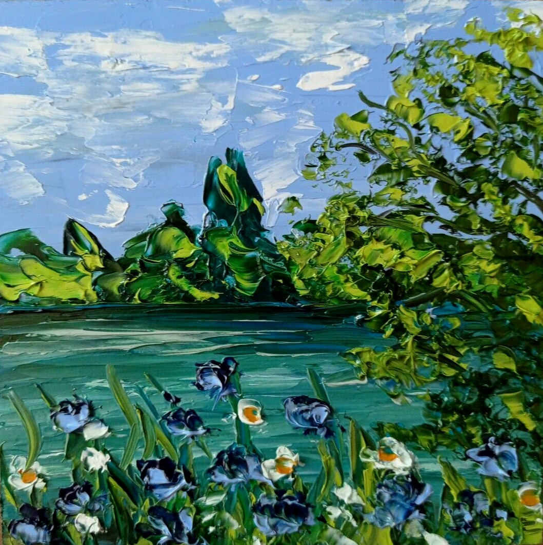 Cornflowers Sunset River Original Oil Painting Flowers Landscape Art size 6 x 6″