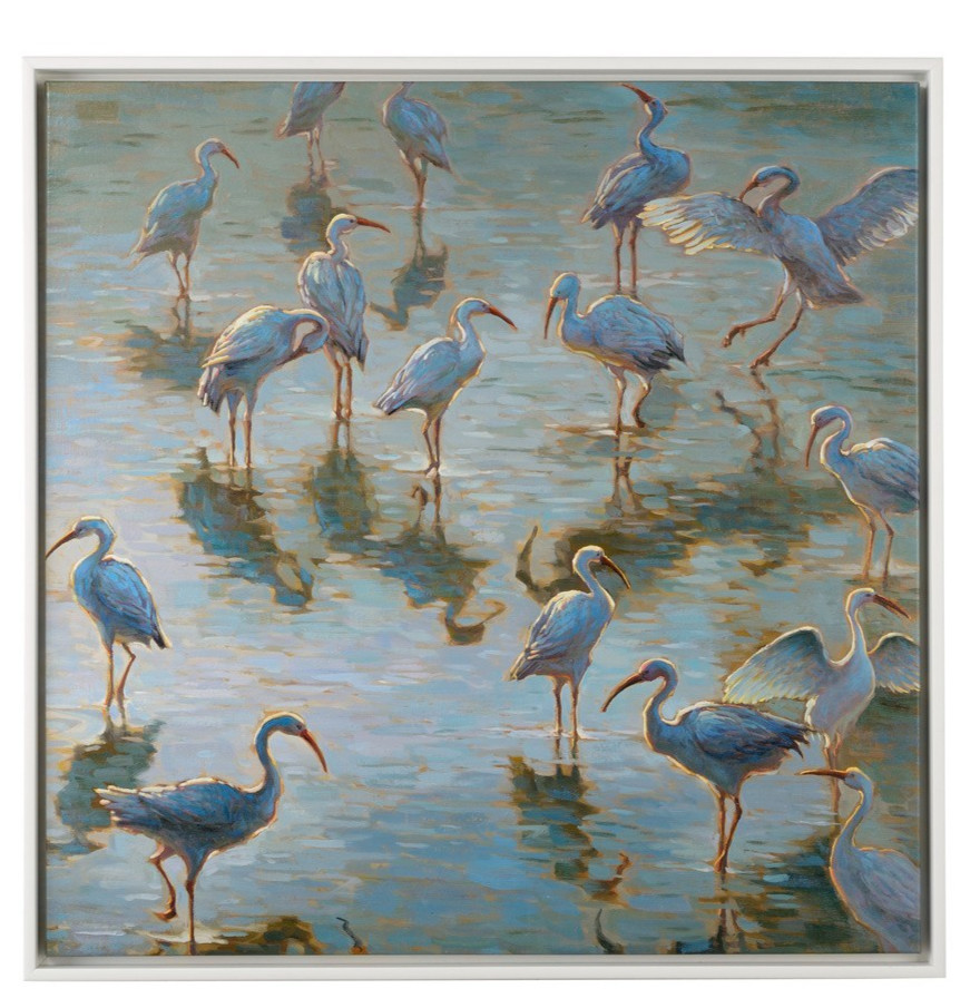 Stunning Shorebirds Oil Painting w/White Floater Frame-47.5» x 47.5»H