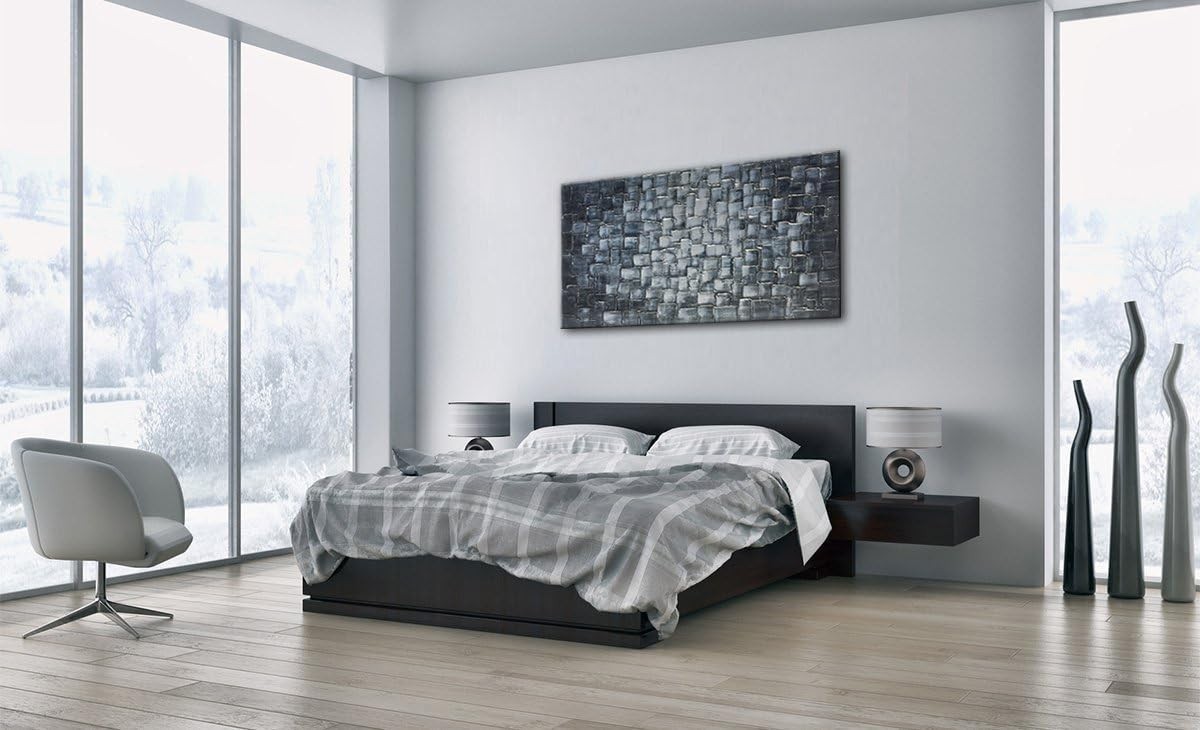 Textured Abstract Squares Canvas Wall Art Hand Painted Modern Silver Oil Pain…