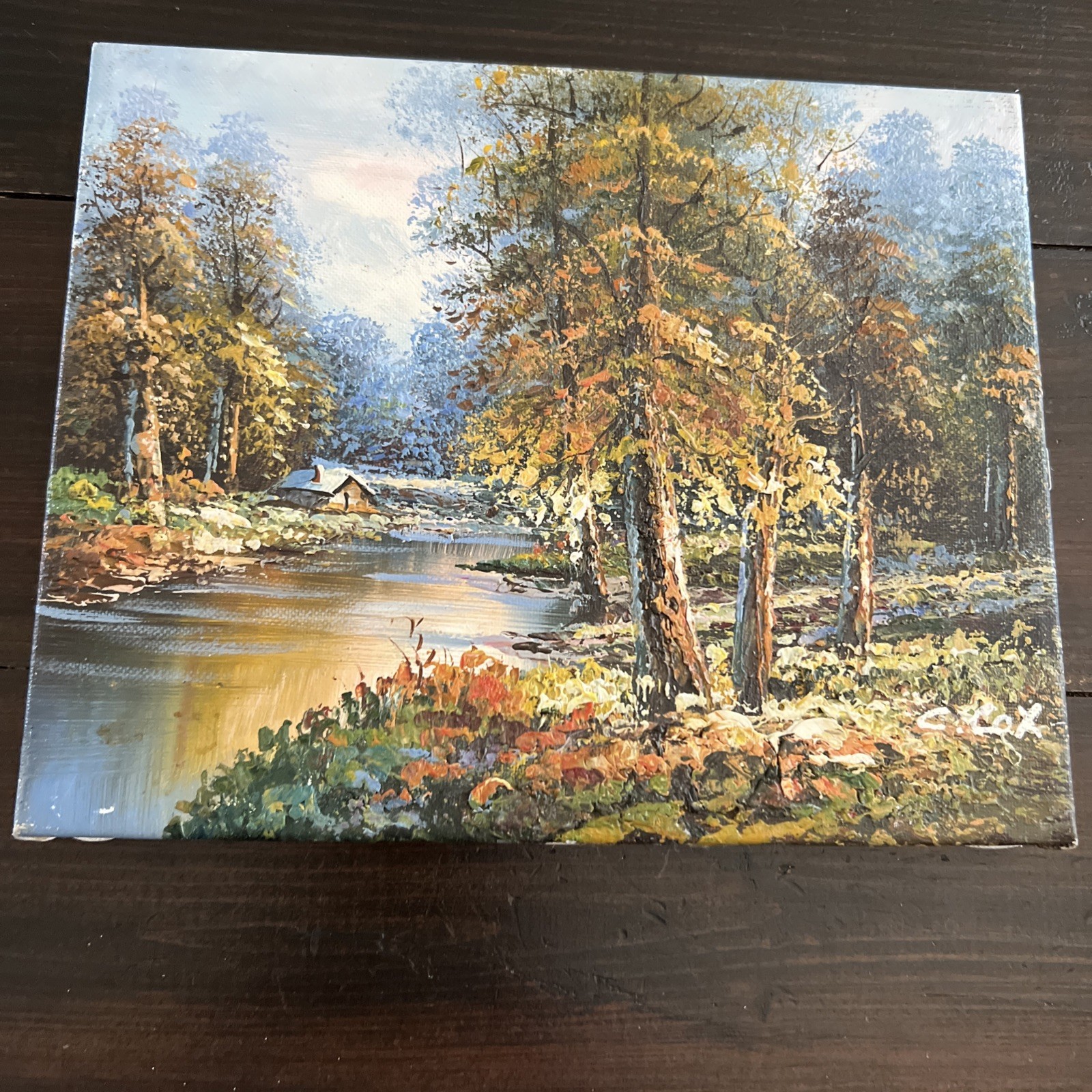Vintage “Summer Stream” River Trees Mountain Sky Original Oil Painting By C Cox