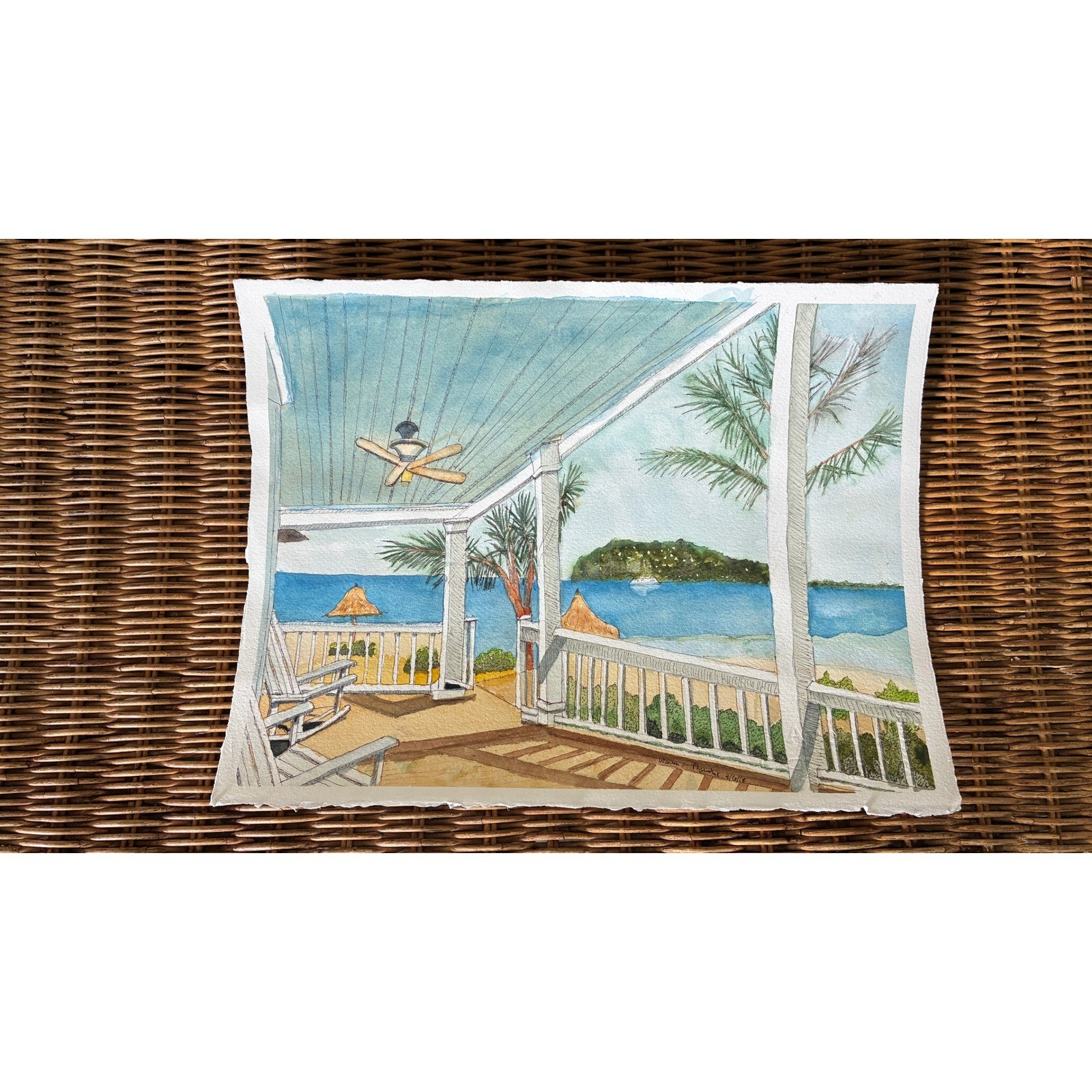 Warren C Plauche Key West Porch with Island and Blue Ceiling Watercolor Signed