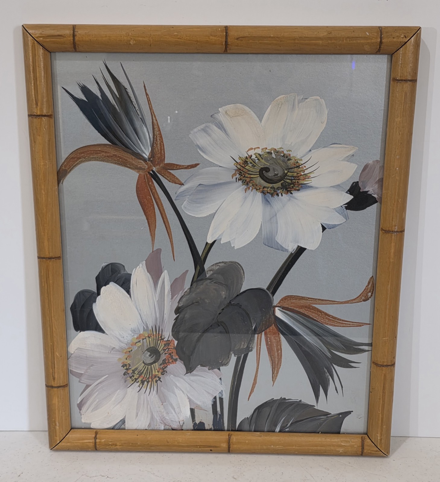 1950s MCM Original Floral Silverboard Painting Bamboo Frame 15″x18″