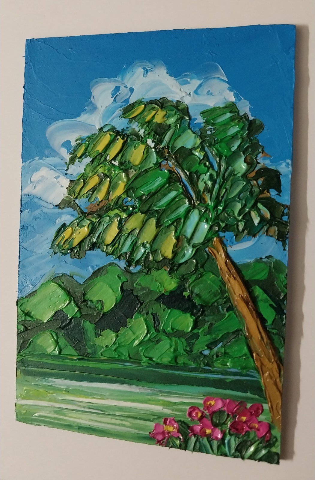 Framed Hawaii Palm Seashore Green Seascape 4×6” Impasto Oil Painting Original