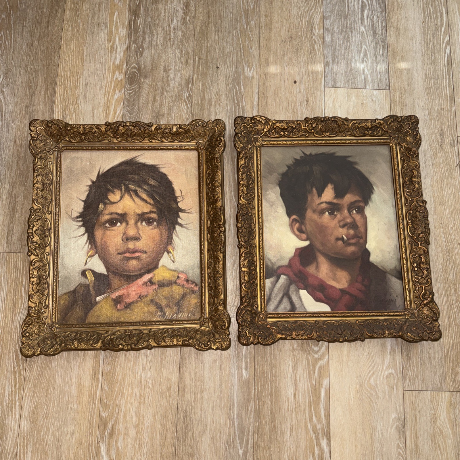 Antique Canvas M Marini original oil paintings.Gypsy Children Series 1965