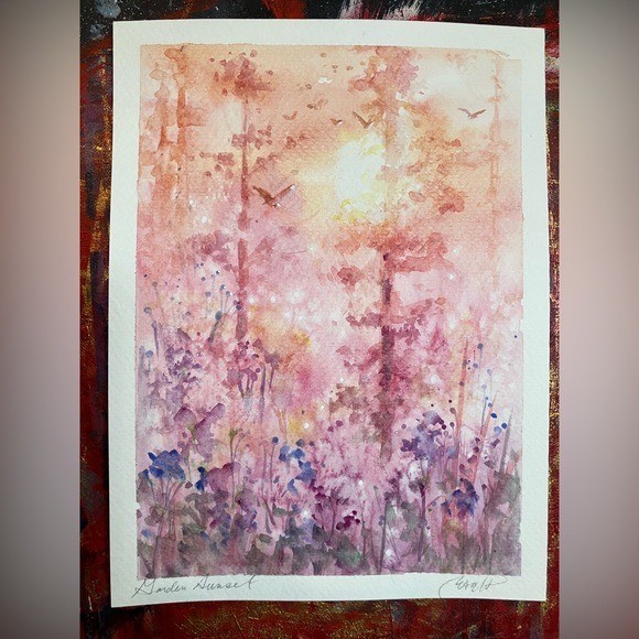 ORIGINAL Landscape Painting Sunset Tree Garden Watercolor Artwork nature EAEH