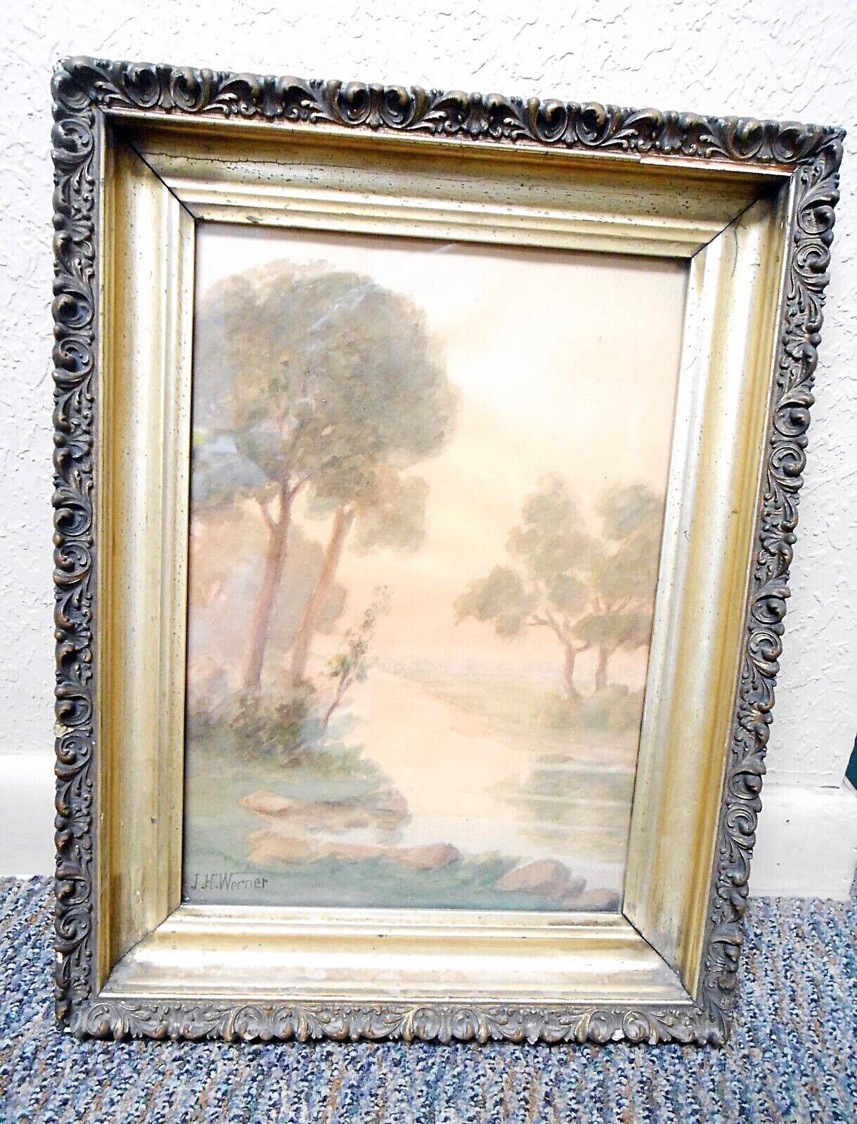 Vintage Original Water Color Painting By J.H. Werner In Gold Tone Frame 13×18