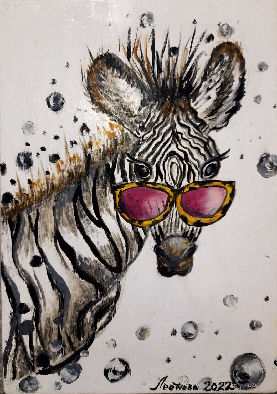 Oil painting.Horse with pink glasses.Portrait of an animal.Abstraction.Mini art.