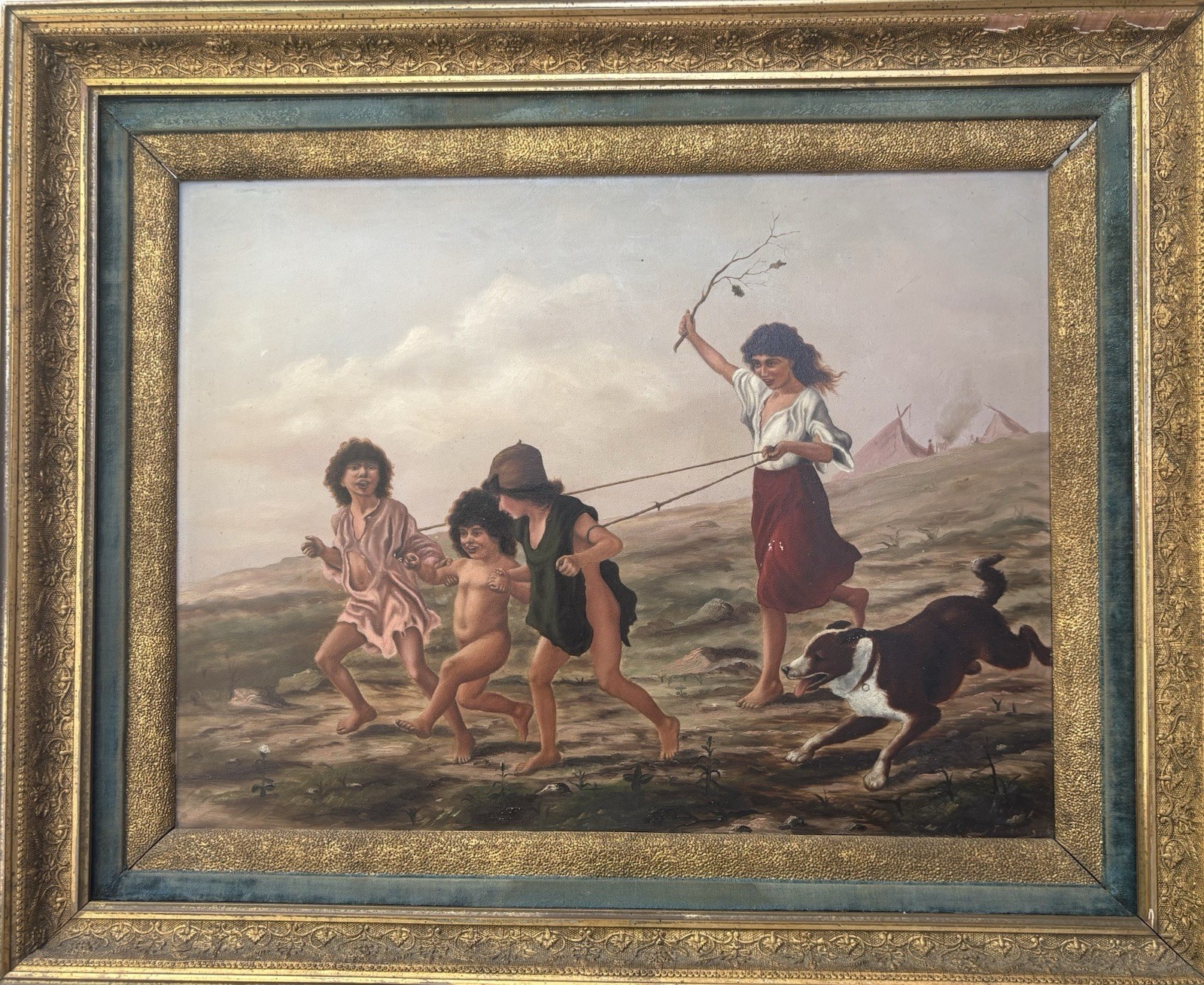 Antique Painting Gypsy Children After Ludwig Knaus Elaborate Gilded Frame