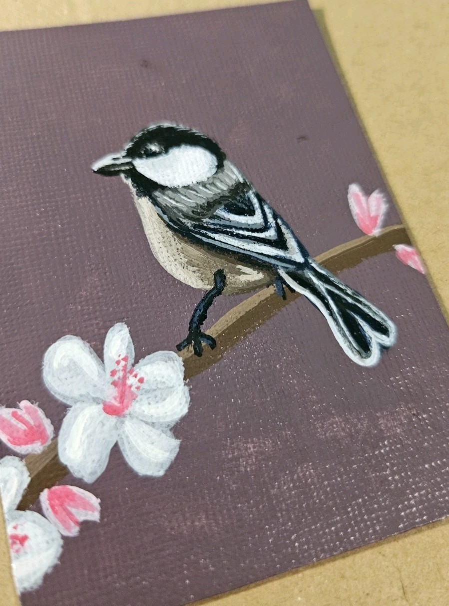 ACEO Chickadee with White Flowers Original Bird Artwork Acrylic on Paper Signed