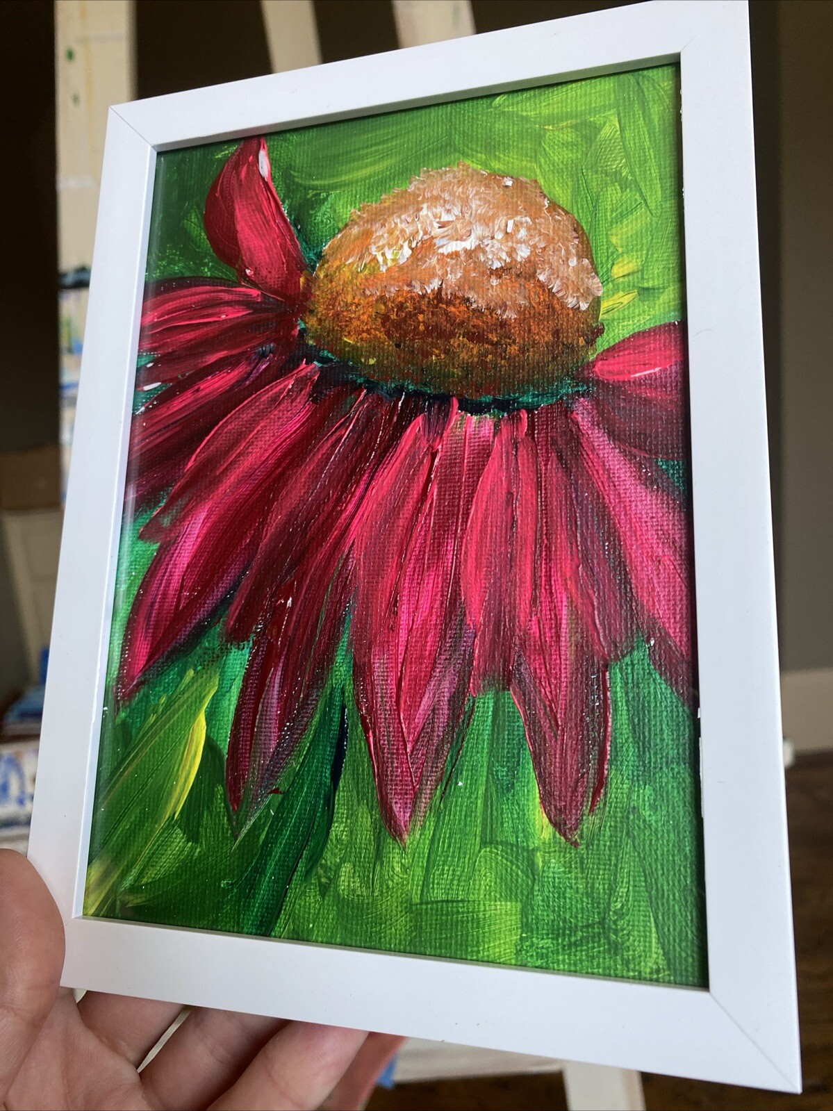 Daisy paintings on canvas original 5/7 Inches,flowers,abstract,Easter,spring,red