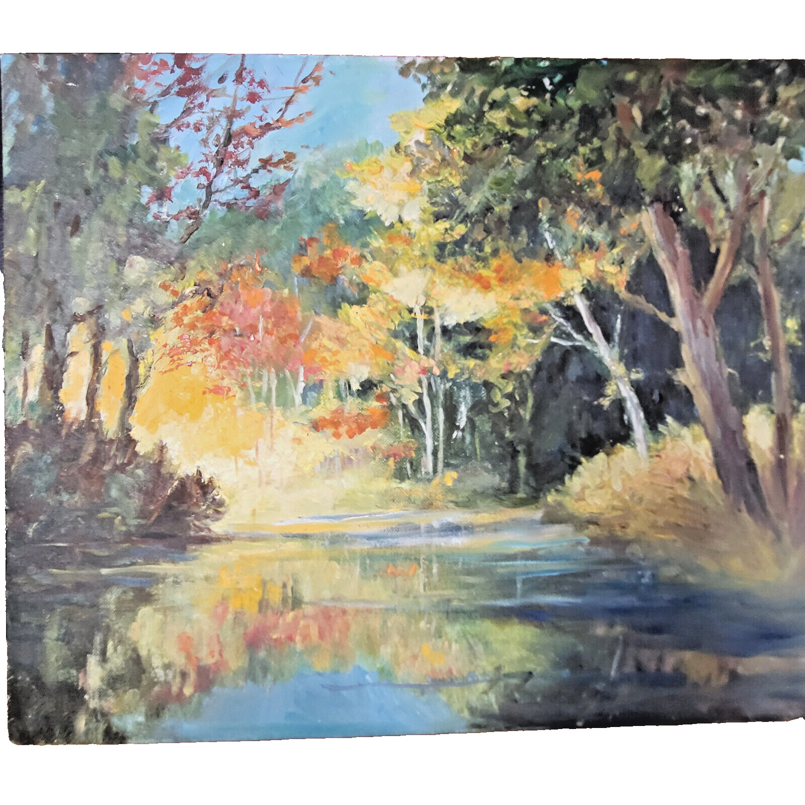 Unframed Painting Acrylic on Board Trees Along Stream in Fall by Badri Mehrotra