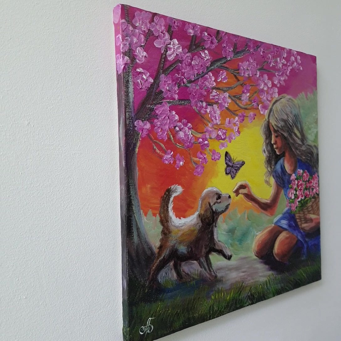 Painting Spring Bloom Puppy Signed Wall Art Decor Gift Original Ukrainian Artist