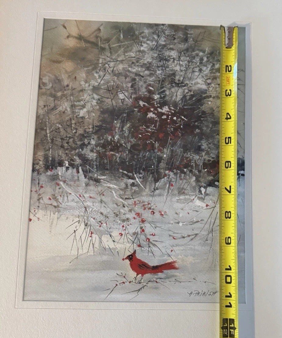 Cardinal Bird Winter Scene Original Watercolor Painting Sign Ann Pribish 19×15”
