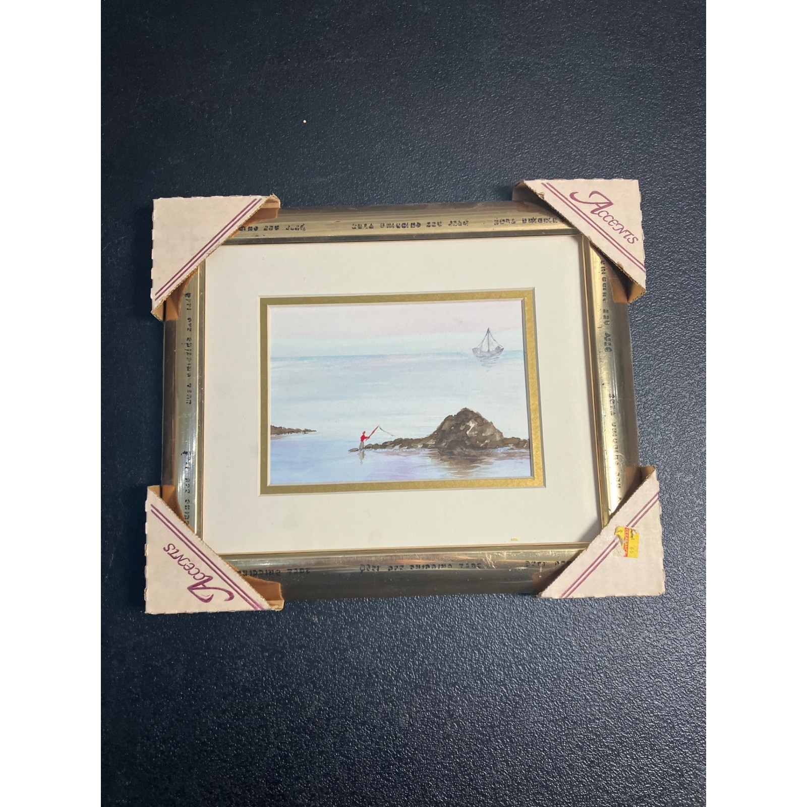 National Picture Frame Co Watercolor Coastal Fisherman Sailboat Gold Frame USA
