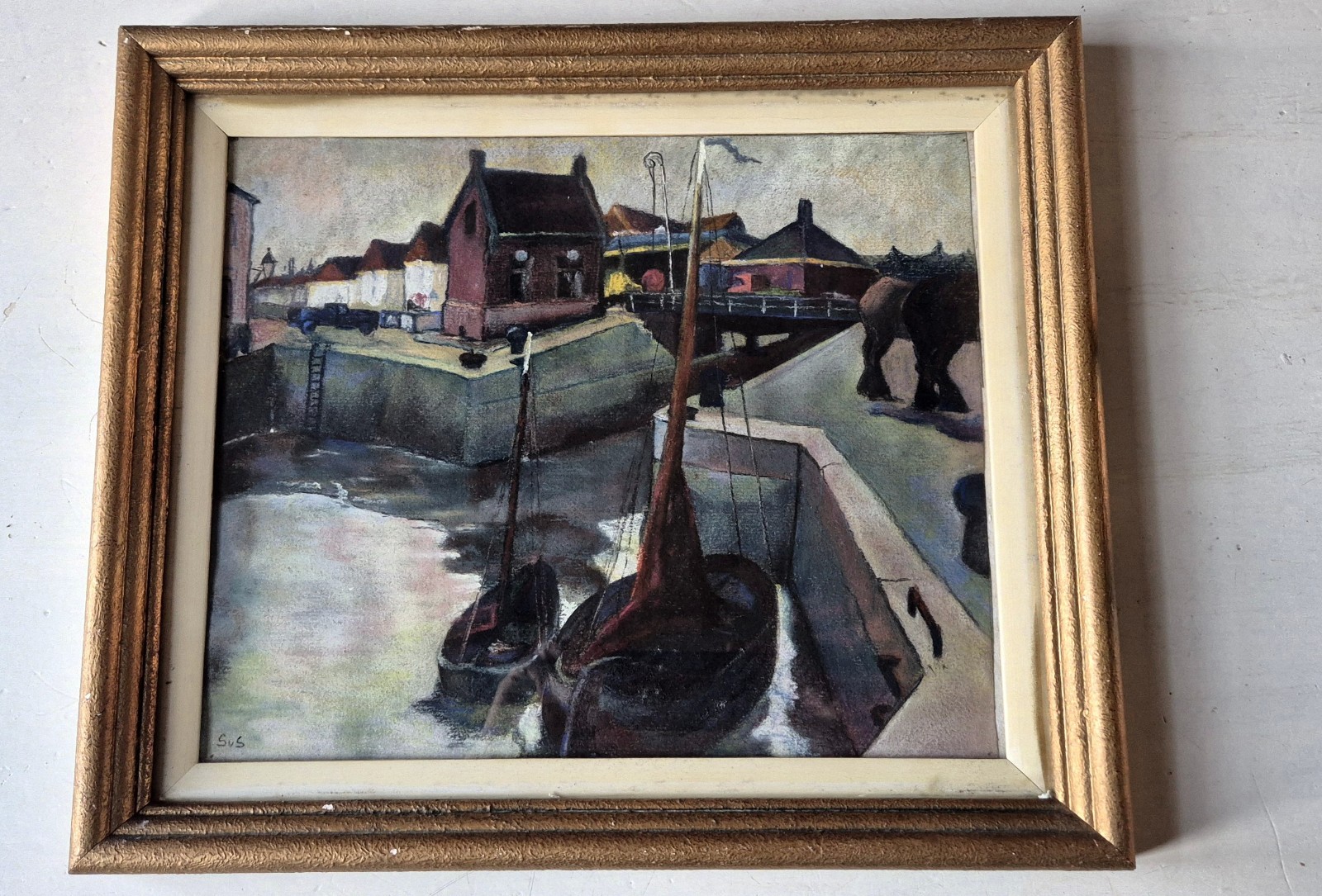 Dutch school, unknown modern painting, Village harbour & horses, 1950(?)