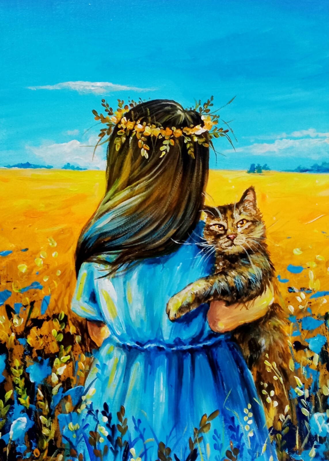 Ukrainian Patriotic Acrylic Painting, Woman with Cat, Blue and Yellow Artwork