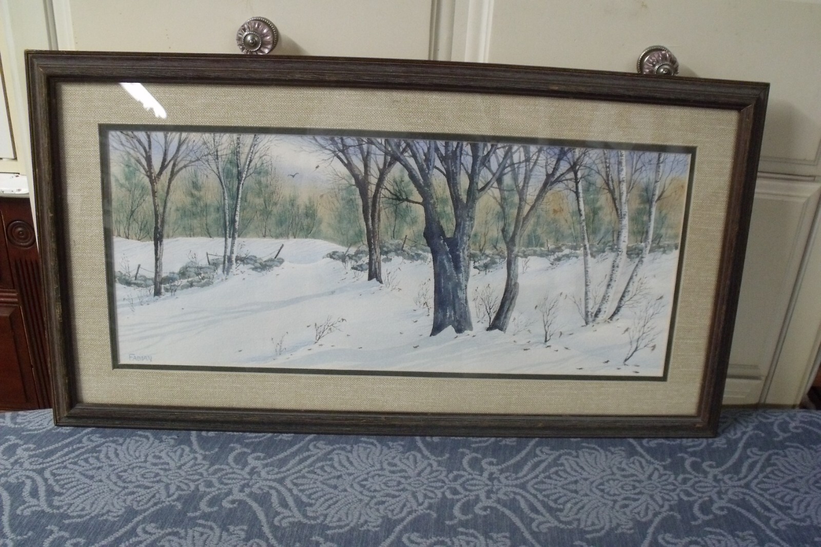 VINTAGE 9″ BY 21″ NEW ENGLAND WINTER FARM FIELD AND STONEWALLS BY FABIAN