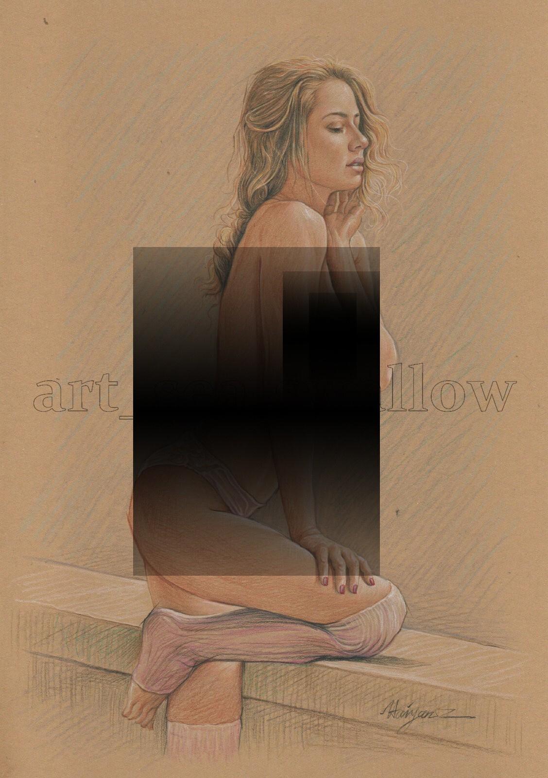 Original drawing A4 Art Colored Pencil painting Beautiful girl on kraft paper109