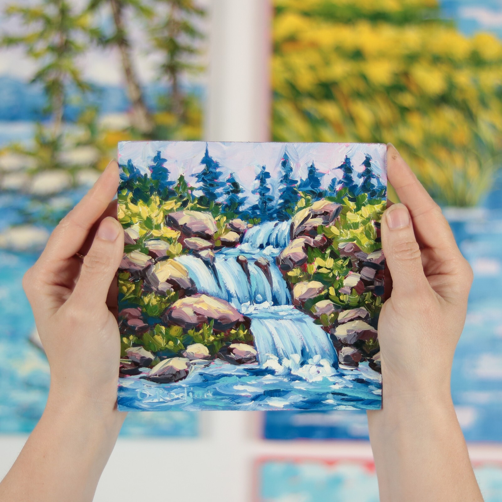 Oil Painting Waterfall Original 6×6 Small Painting Forest Waterfall Wall Art