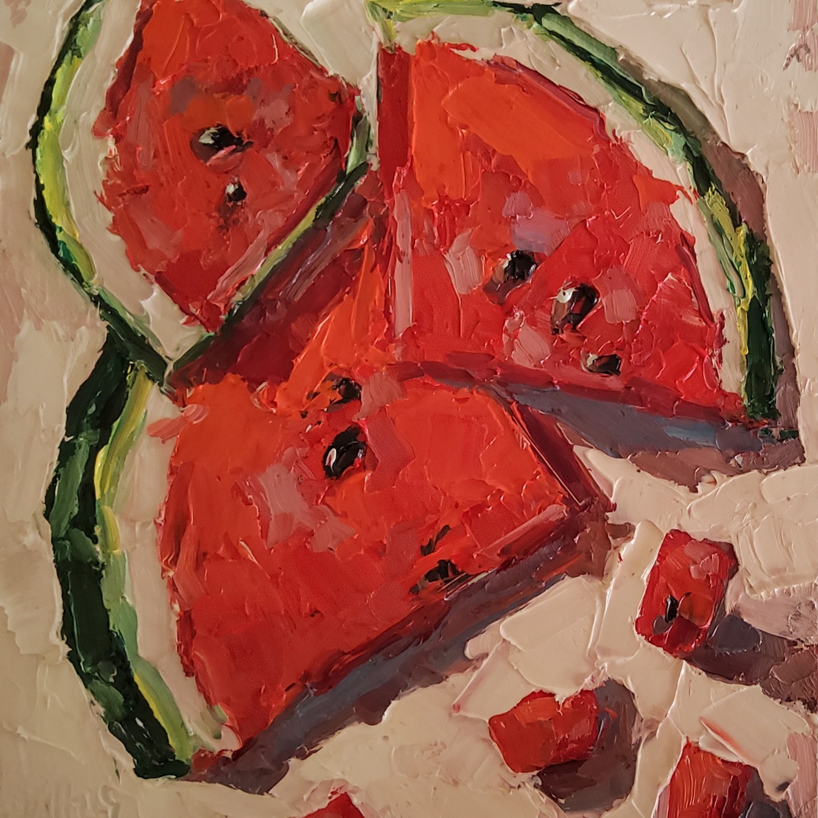 Watermelon Painting Original Oil Art Still Life Semi Abstract Wall Decor Painted