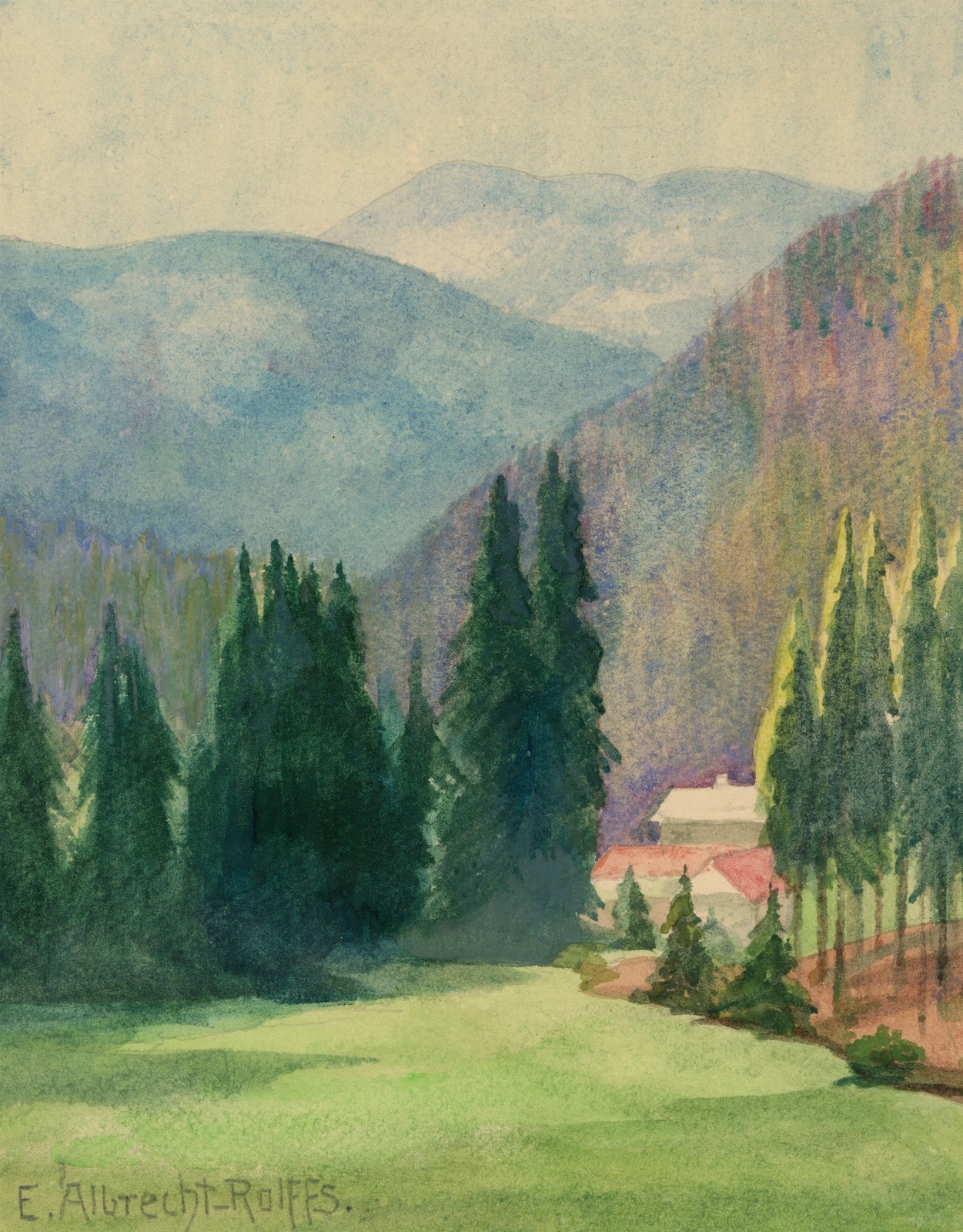 Landscape mountains mountains fir trees unique watercolor signed E. Albrecht-Rolffs