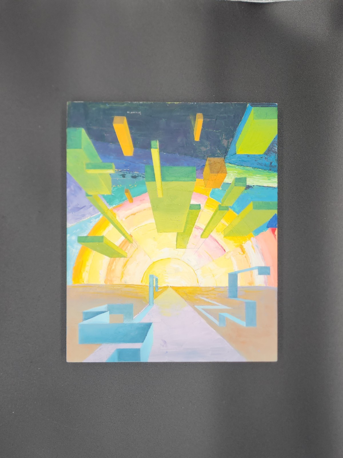 Abstract Painting Sunrise Sunset Geometric On Wood Panel Colorful Cubist Modern