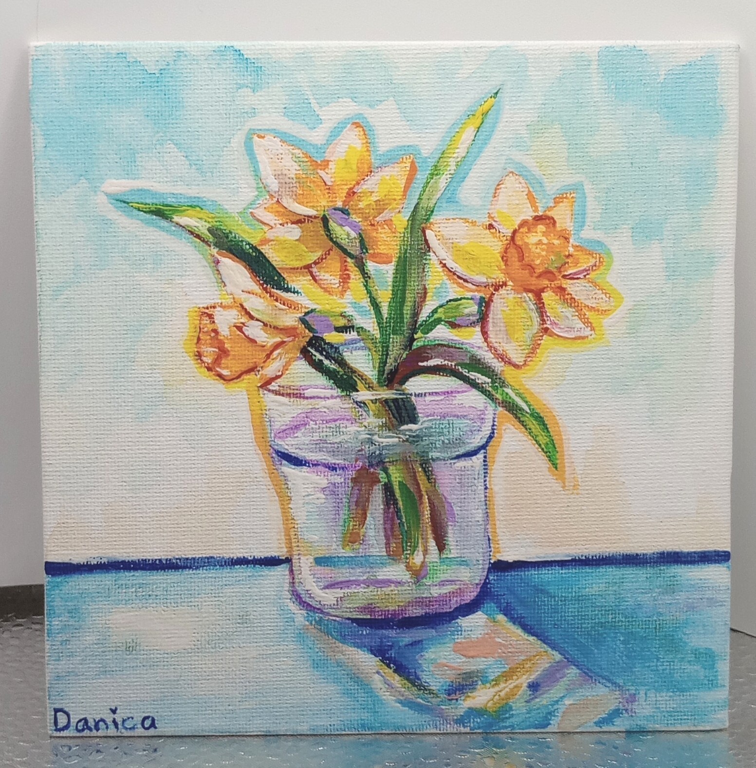 Original Daffodils Mini Painting 6x6in Gouche Acrylic Floral Art