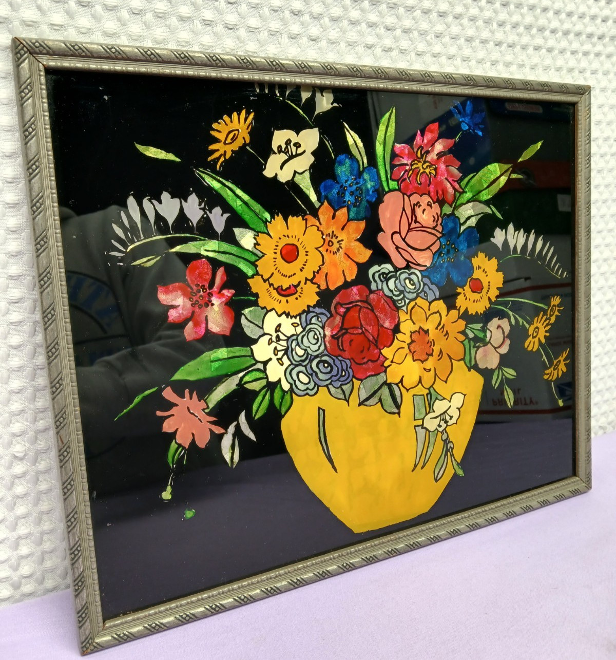 VINTAGE 1958 TINSEL REVERSE GLASS FRAMED PAINTING FLORAL BOUQUET FOLK ART NICE