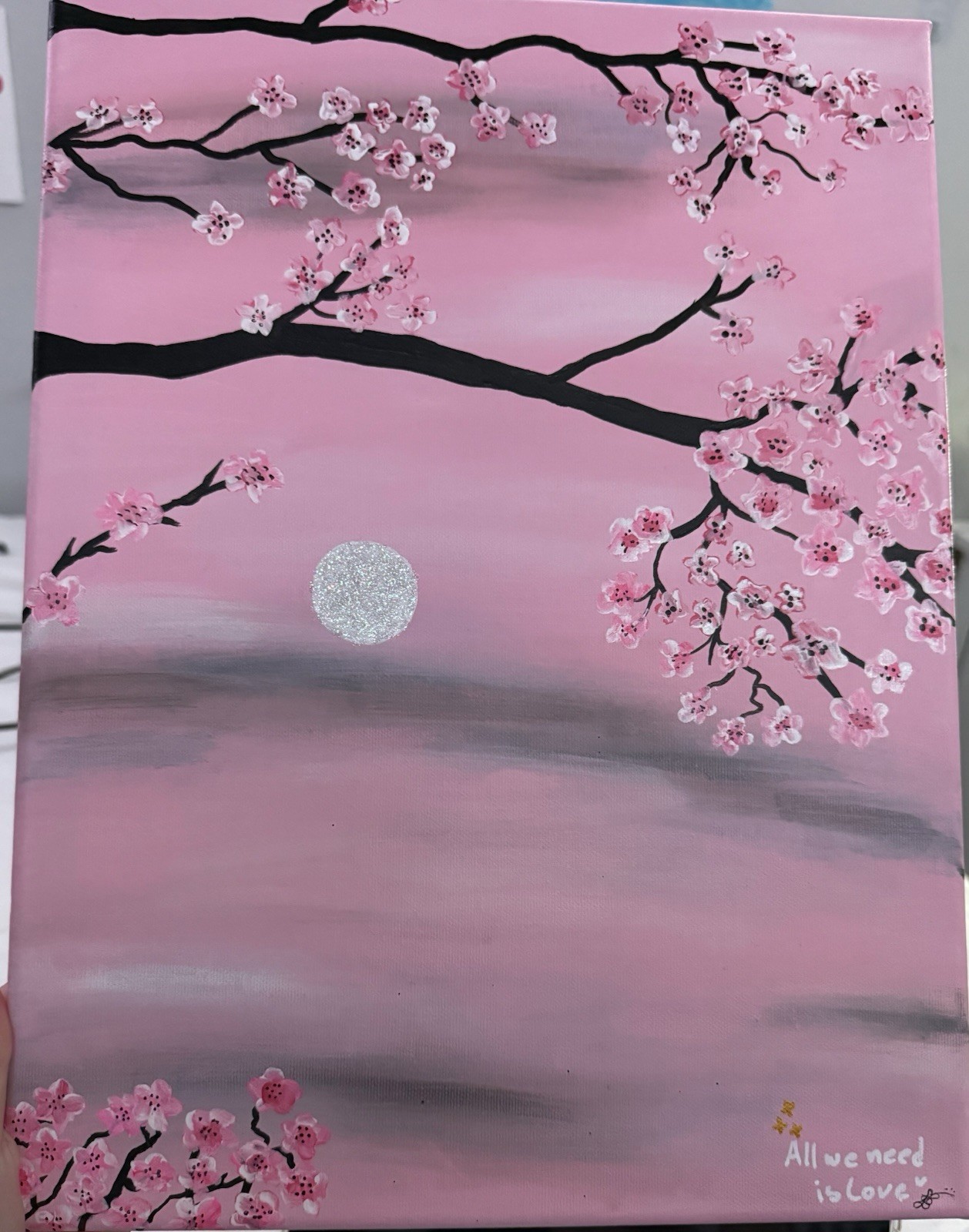Cherry Blossom Moon Original Acrylic Painting ‘All We Need Is Love’ Canvas Art