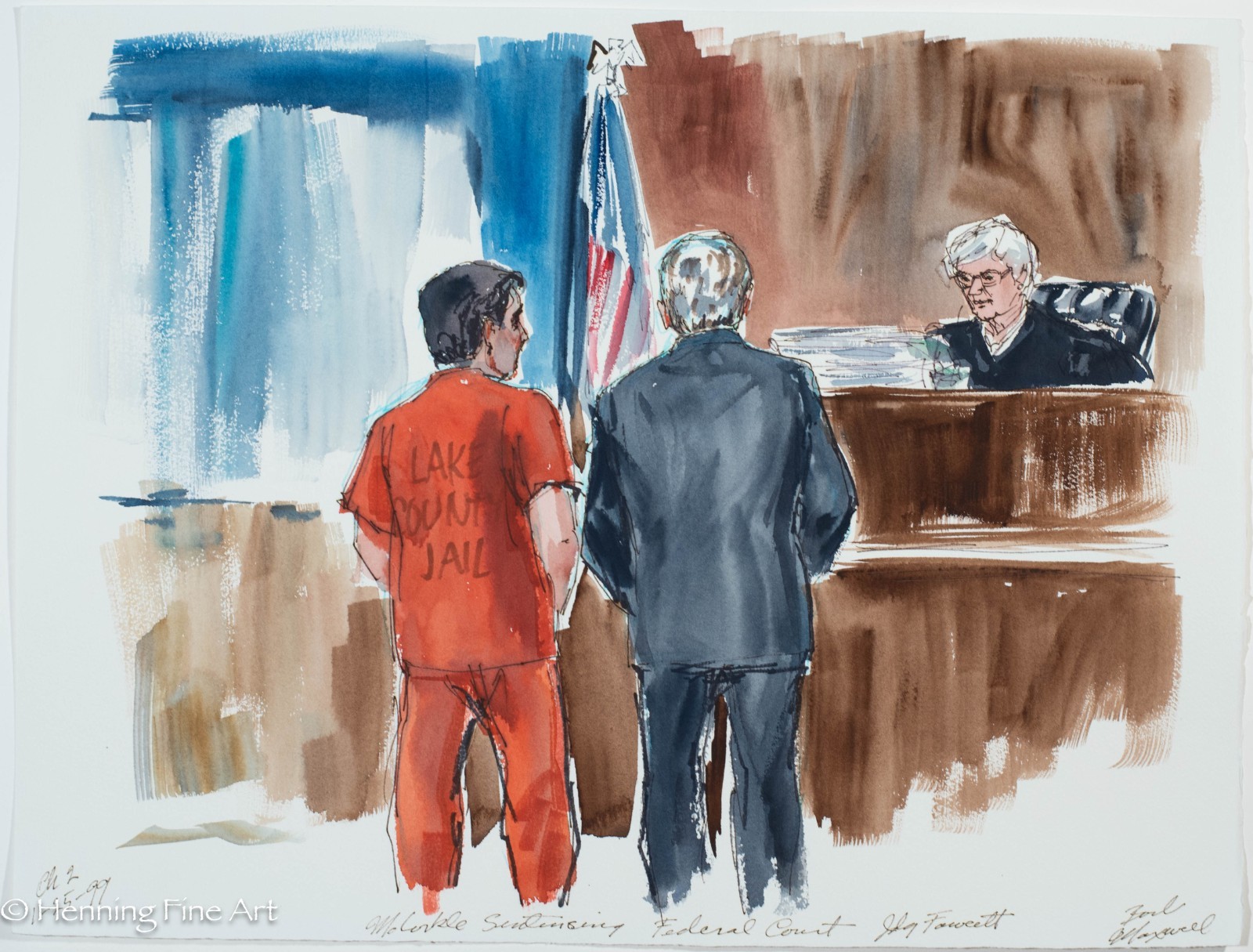 Rare Courtroom Sketch Painting William McCorkle Sentencing Judge Fawcett 15×20″