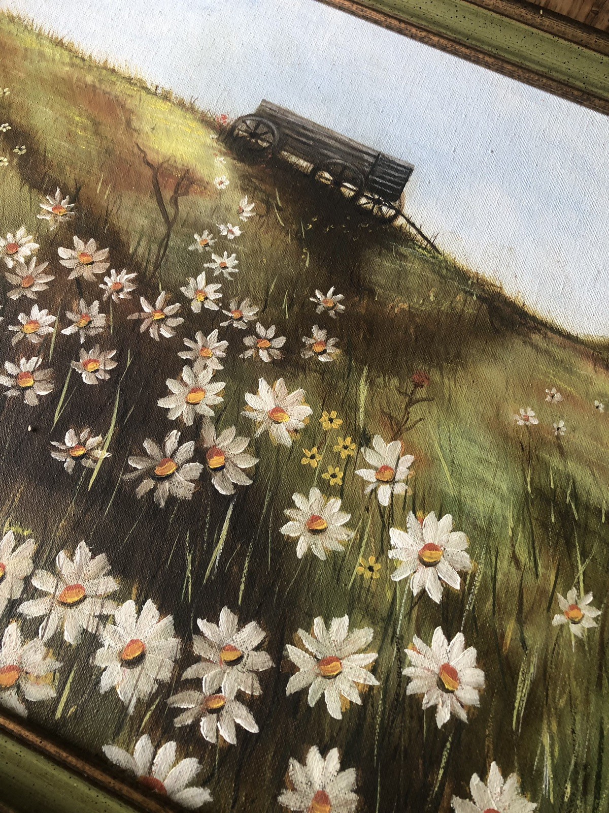 1974 Still Life Country Side Painting Horse Wagon + Barn On Hill, Primitive Farm