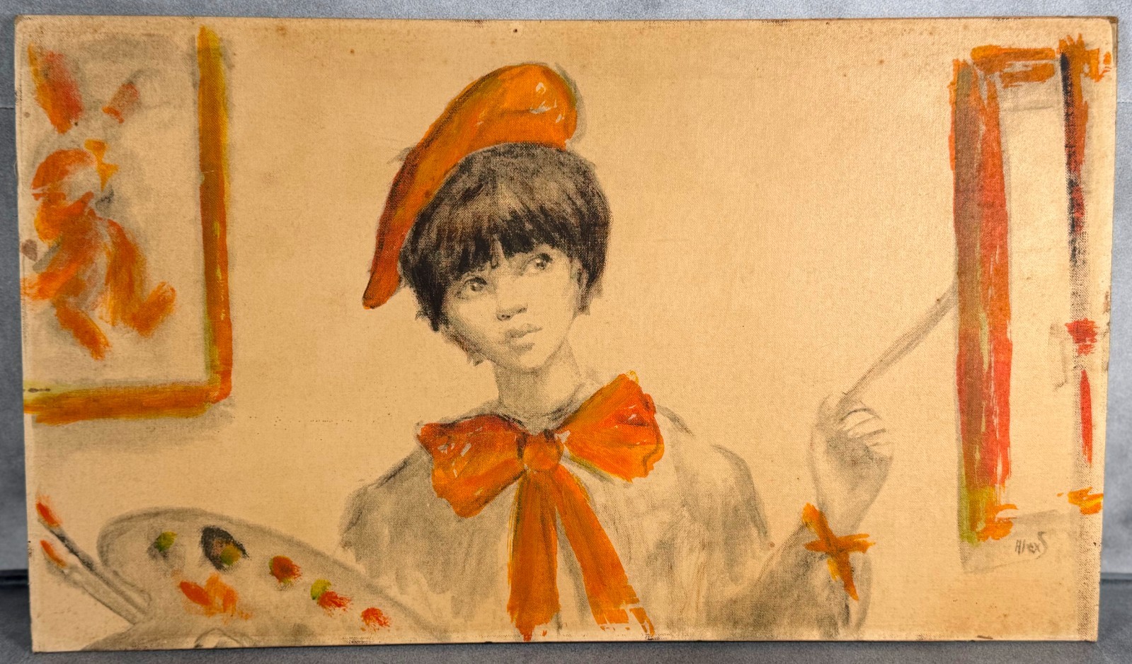 Vintage Boho Portrait Painting Signed Alex Mid Century Style Original Art