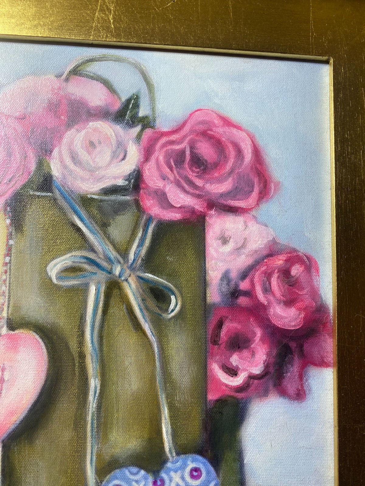 Pearl Mintzer «Hearts And Flowers Scene» Oil Painting – Signed And Framed
