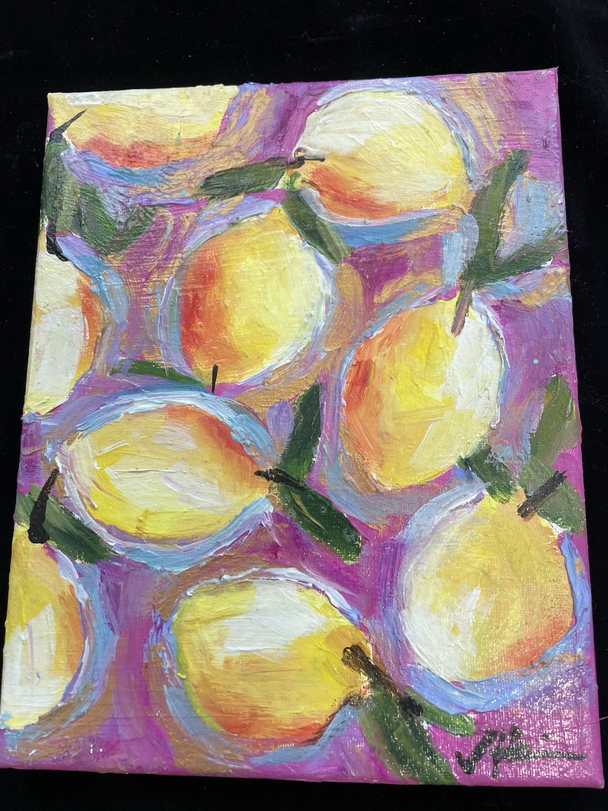 “Meyer’s Lemons on Brilliant Pink”An Acrylic Original Painting 10”x8” on Canvas