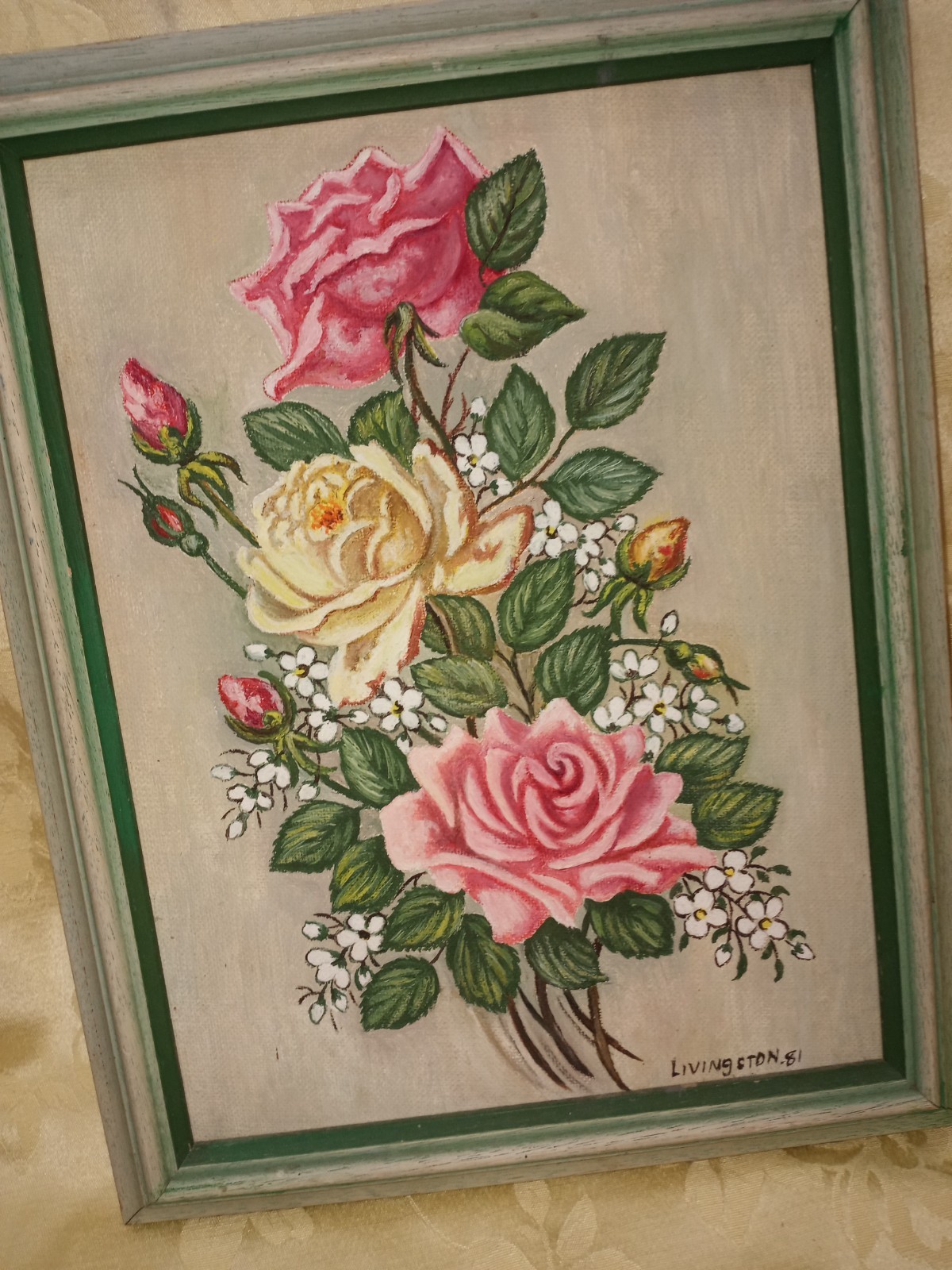 Vtg Original Framed & Signed Still Life Pink Roses Bouquet Oil Painting 11”x14”