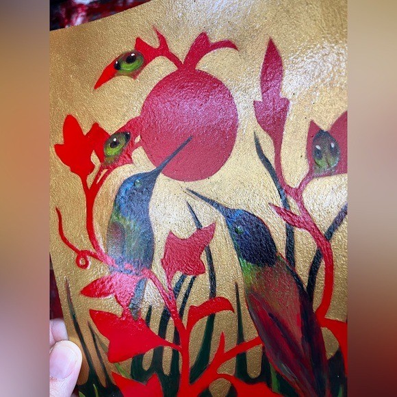Original Hummingbird painting Art Gold Red Birds Unique gift surreal Artettina