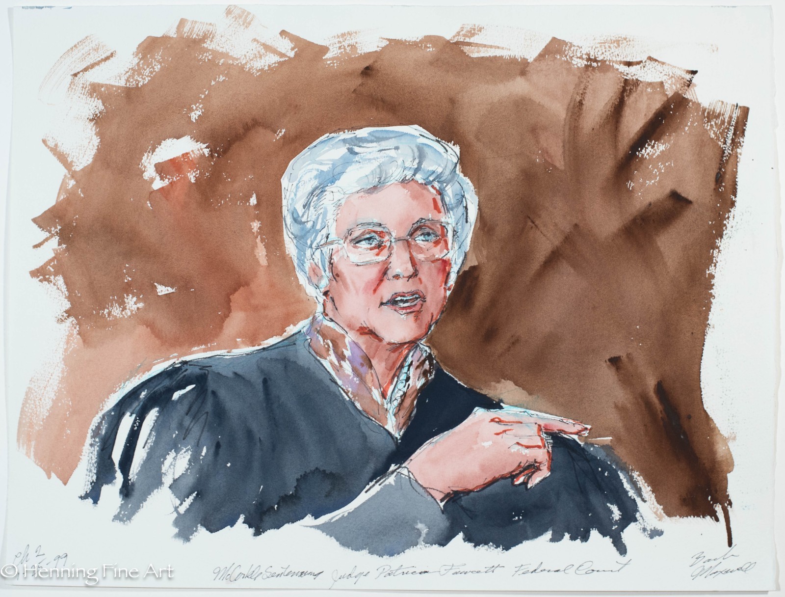 Rare Courtroom Sketch Painting McCorkle Hearing Judge Patricia Fawcett 15×20″ 1