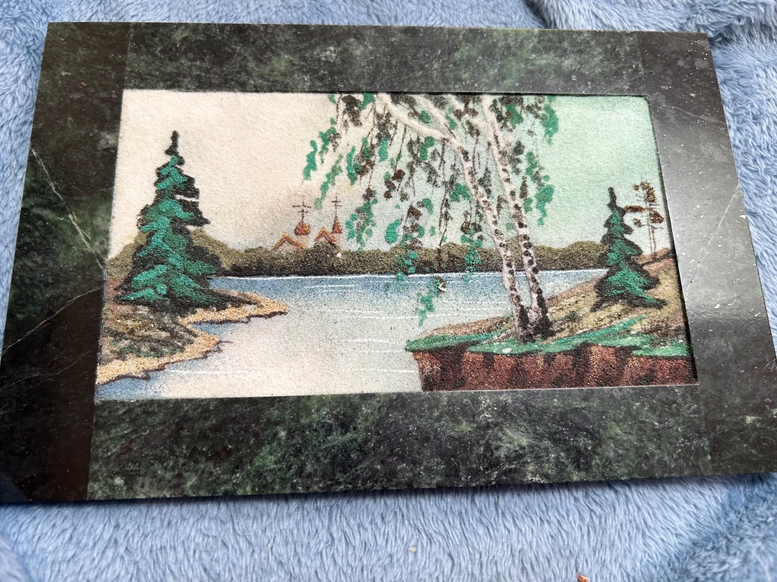 Vintage Russian Landscape Crushed Gemstone Painting Stone Frame 5.5 x 8 1/4”