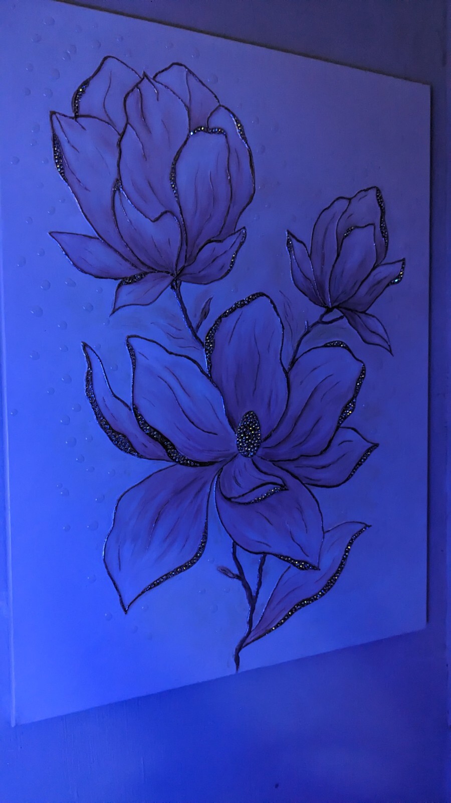 Large 3D texture magnolia painting, Pink floral wall art, Rhinestone Resin Art