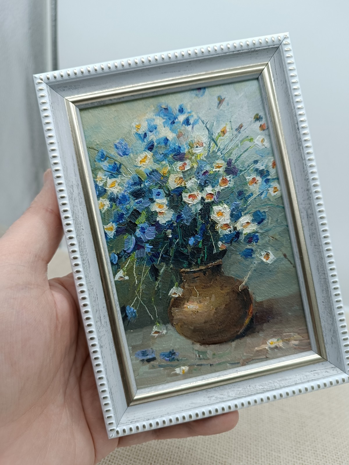 Blue Cornflowers Original Oil Painting 6×4 Framed Signed Floral Still Life Art