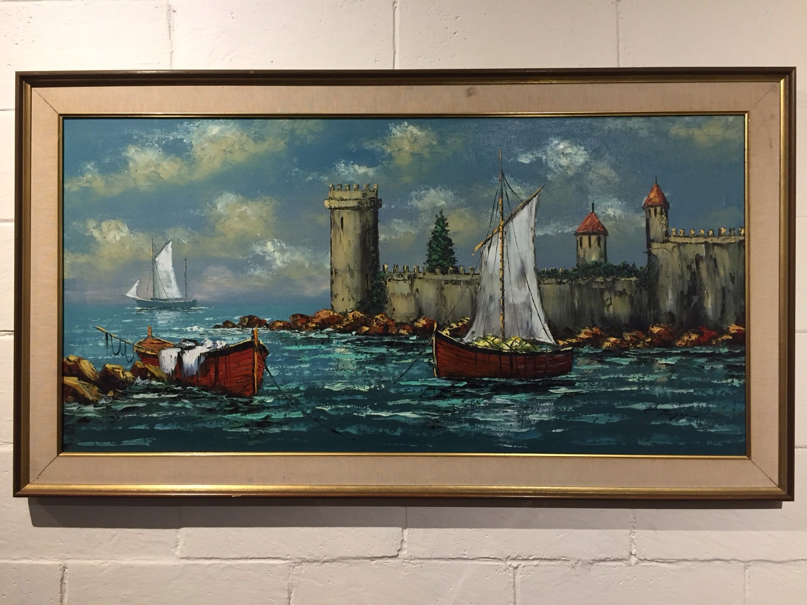 Vintage Oil Painting By Fargas «Sail Boats in The Ocean By Castle» 48″ X 24″